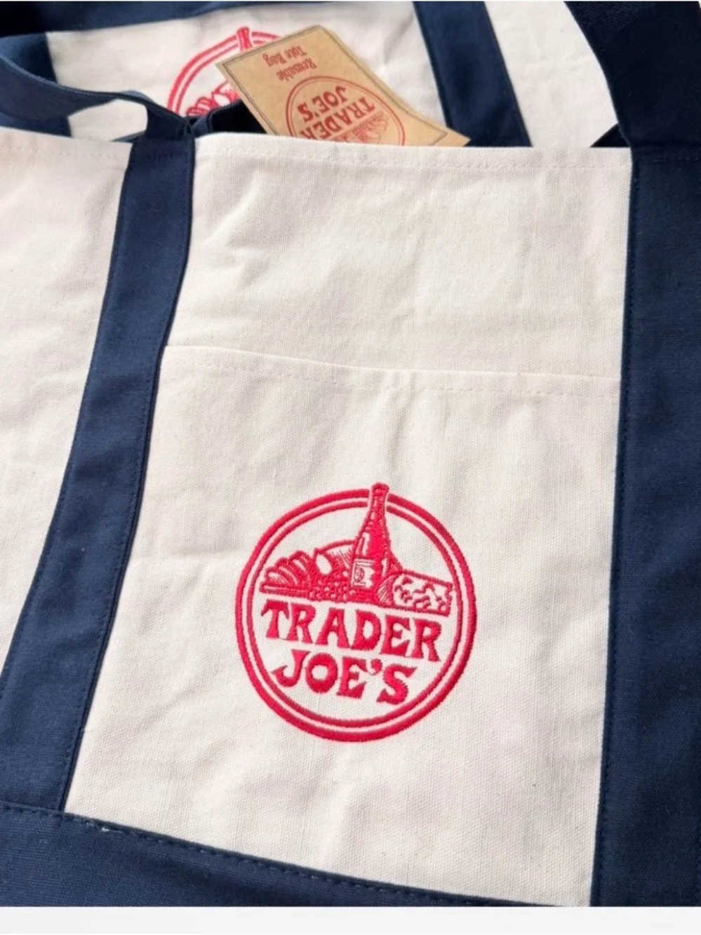 Trader Joe's White and Navy Canvas Tote bag